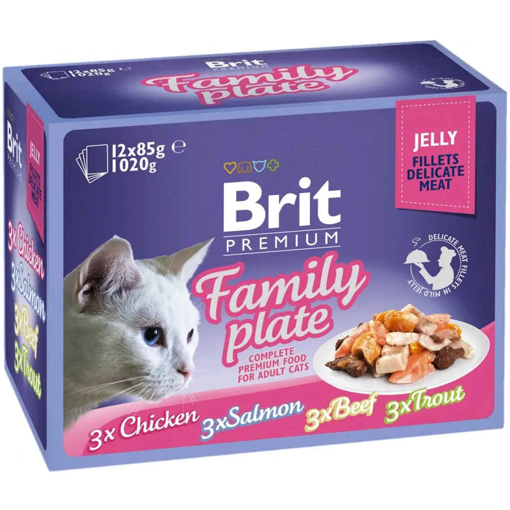 Вологий корм для котів Brit Premium Cat сімейна тарілка в желе 12 шт х 85 г (8595602519408)