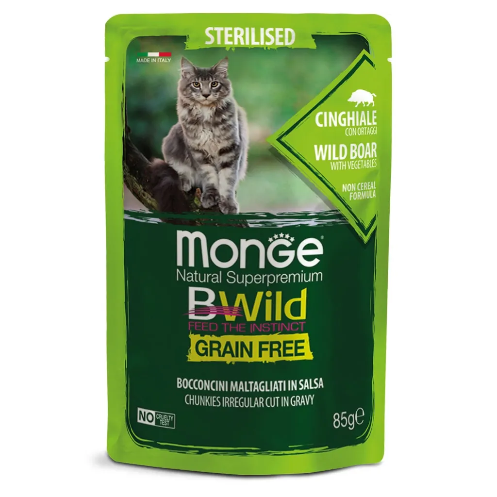 Вологий корм для котів Monge Cat Bwild GR.FREE Wet Sterilised м'ясо дикого кабана з овочами 85 г (8009470012805)
