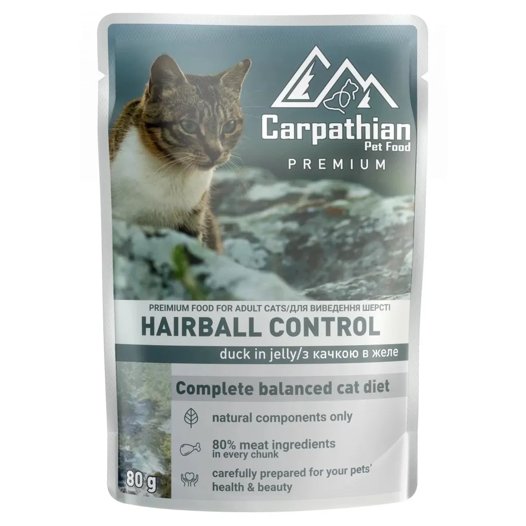 Вологий корм для котів Carpathian Pet Food з качкою в желе 80 г (4820111141371)