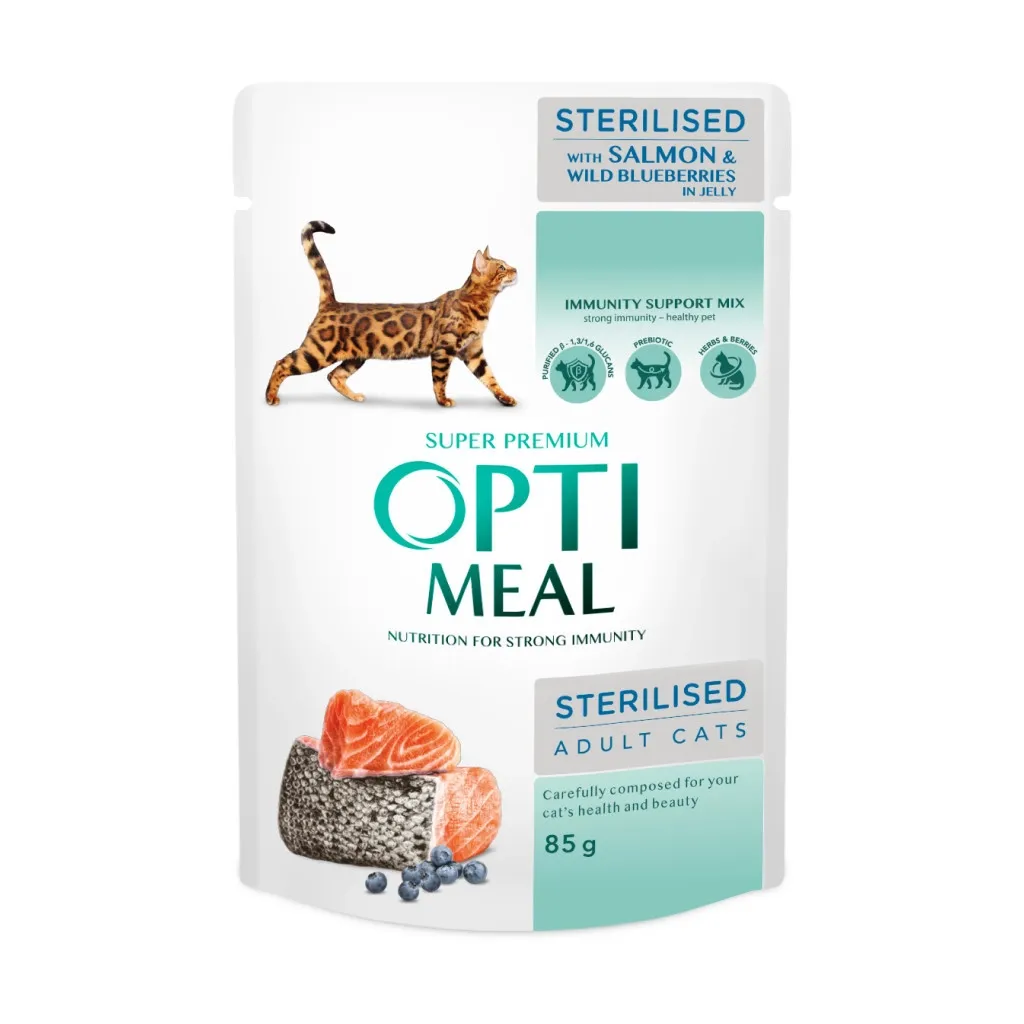 Влажный корм для кошек Optimeal стерилизованных/кастрированных с лососем и черникой в желе 85 г (4820269140141)