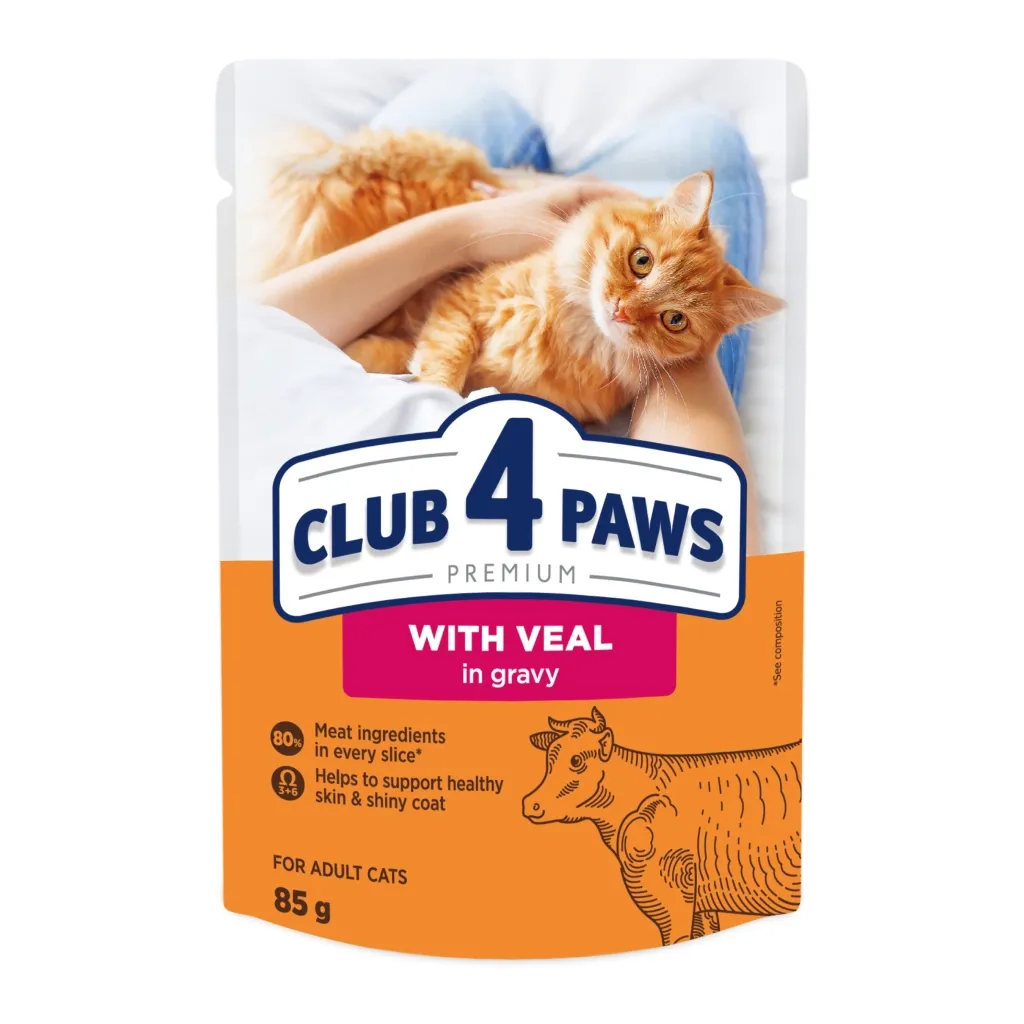 Вологий корм для котів Club 4 Paws Premium Плюс з телятиною в соусі 85 г (4820215368988)