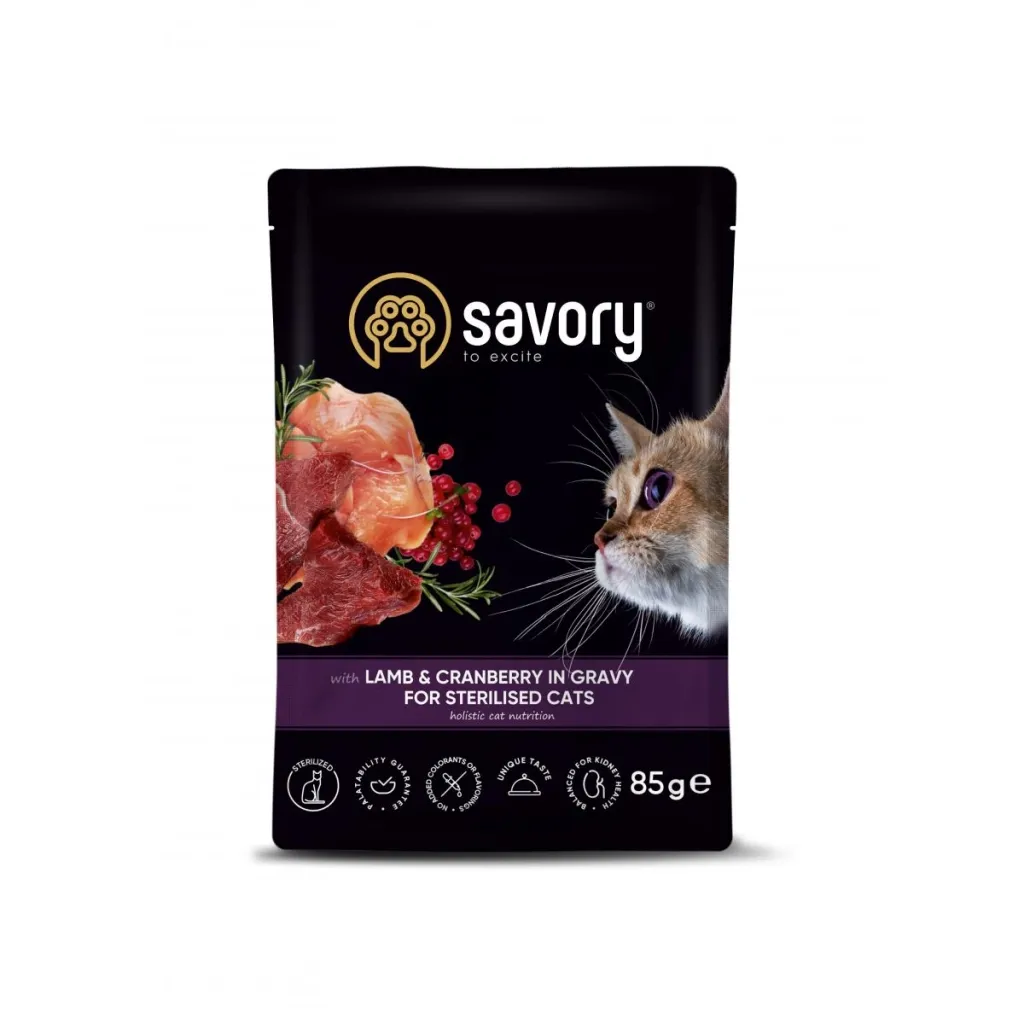 Влажный корм для кошек Savory ягненок с клюквой в соусе стерилизованных 85 г (4820261920093)