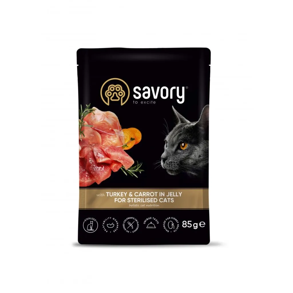 Влажный корм для кошек Savory индейка с морковью в желе стерилизованных 85 г (4820261920109)