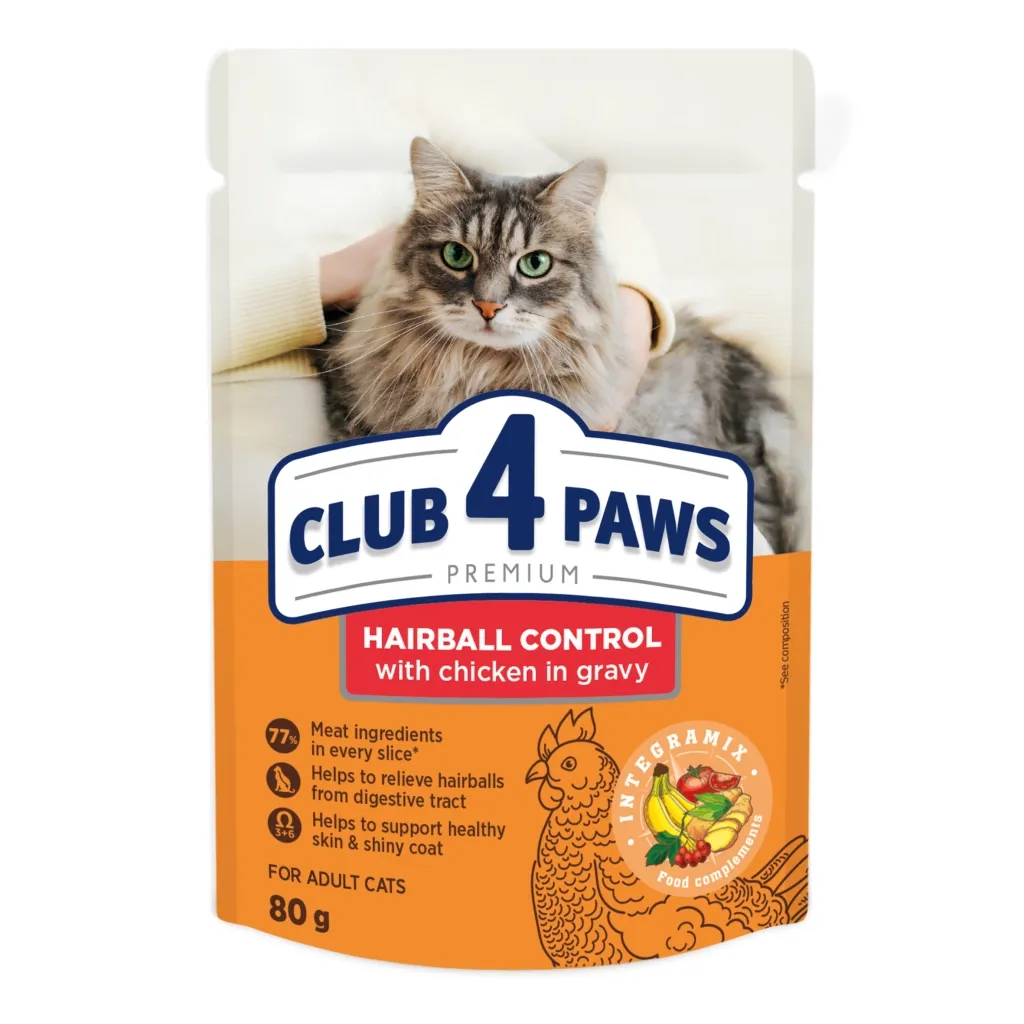 Вологий корм для котів Club 4 Paws з ефектом виведення шерсті 80 г (4820215369299)
