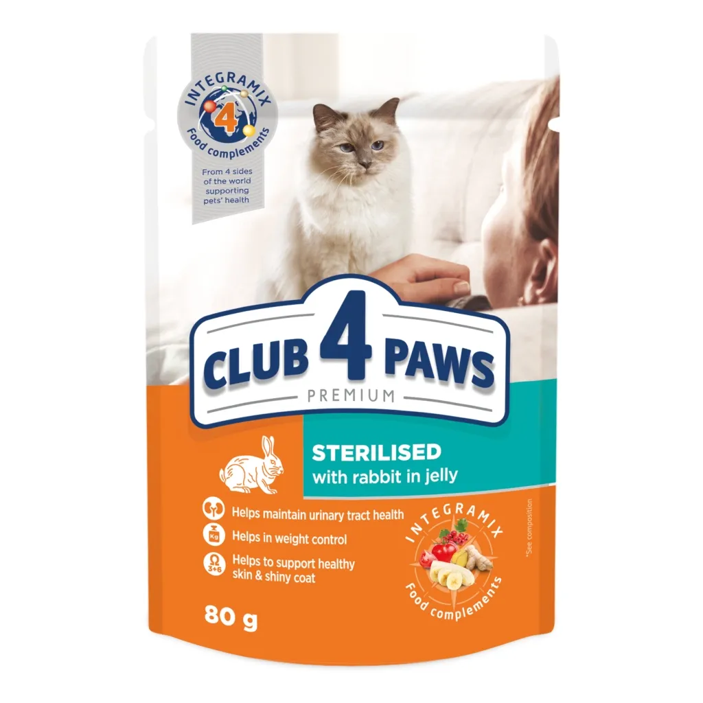 Вологий корм для котів Club 4 Paws стерилізованих з кроликом в желе 80 г (4820215367578)