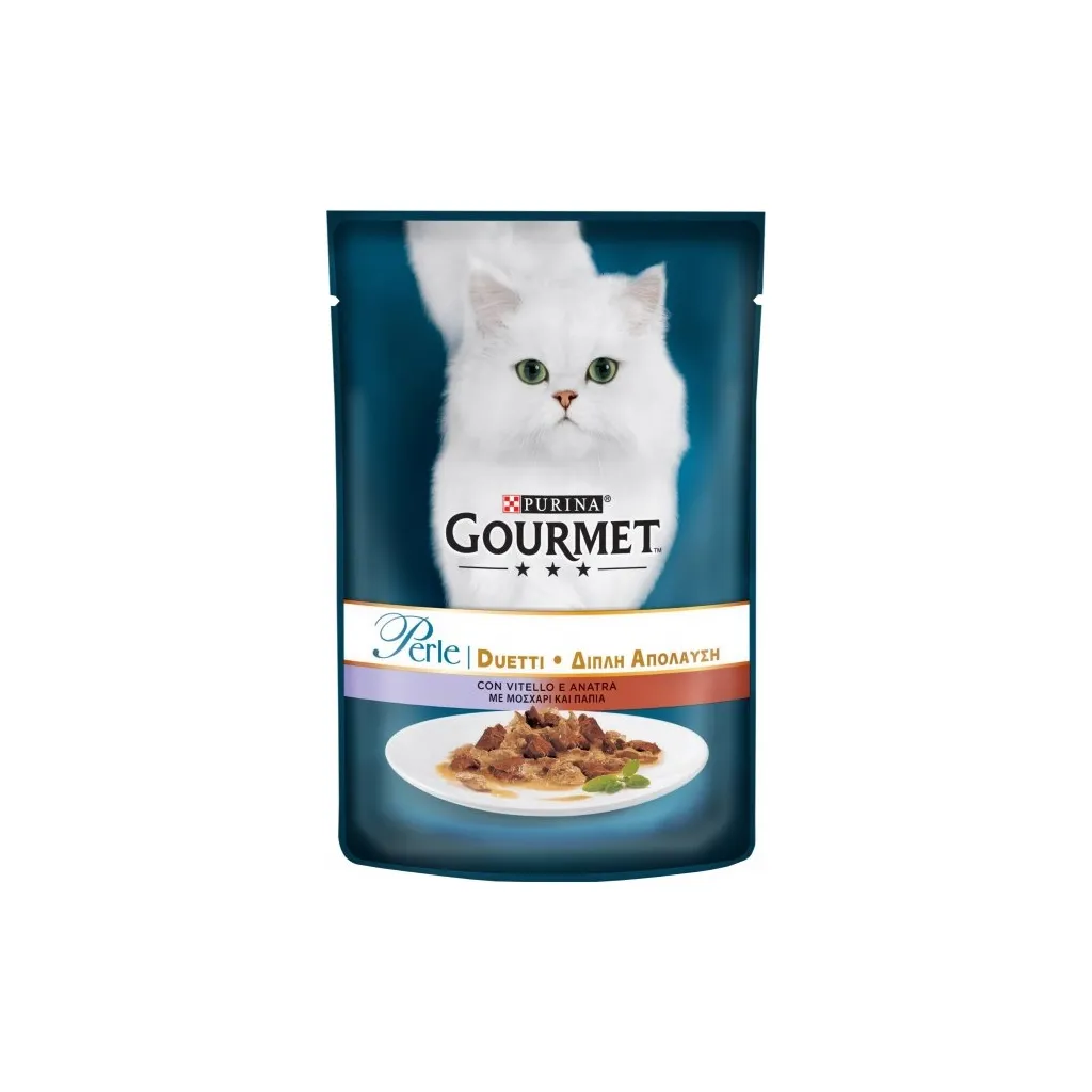 Вологий корм для котів Purina Gourmet Perle Duo. З телятиною і качкою в підливі 85г (7613033580024)