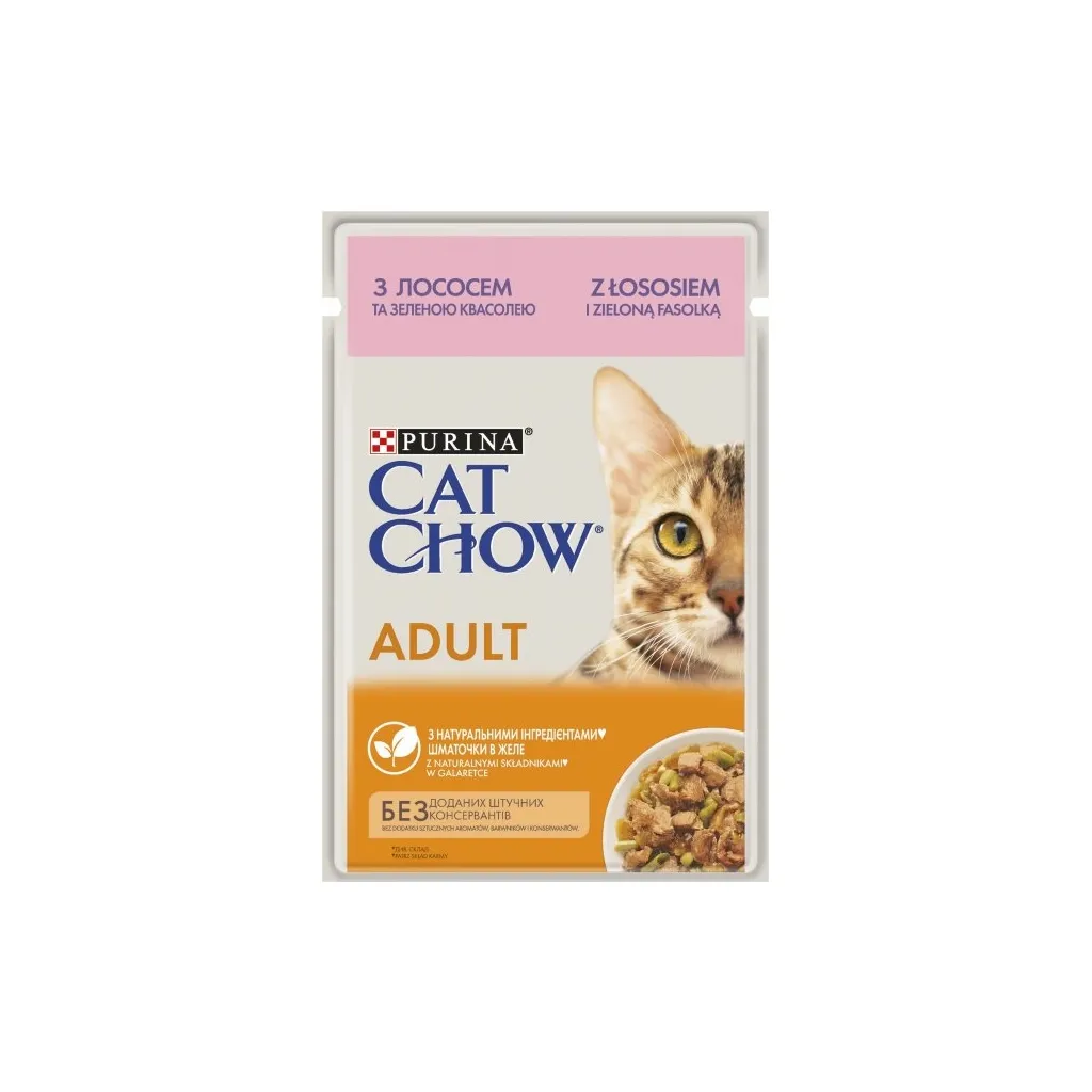 Вологий корм для котів Purina Cat Chow Adult з лососем і зеленою квасолею в желе 85г (7613036595063)