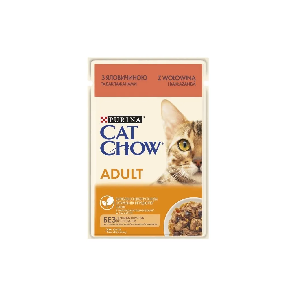 Вологий корм для котів Purina Cat Chow Adult з яловичиною та баклажанами в желе 85г (7613036595025)