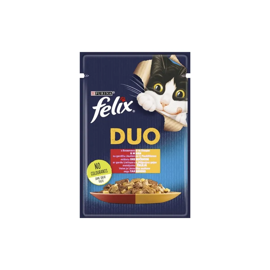 Влажный корм для кошек Purina Felix Fantastic Duo с говядиной и птицей в желе 85 г (7613287027597)