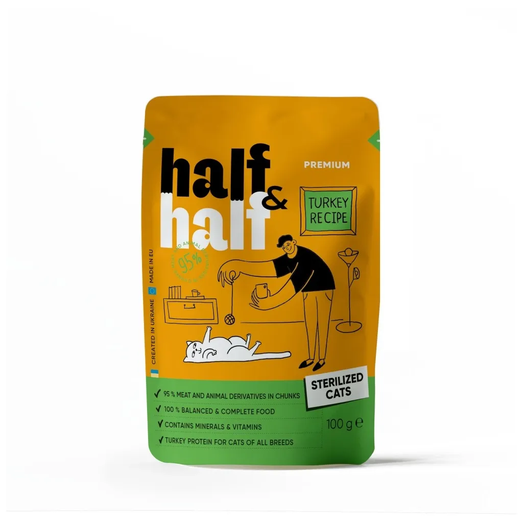 Влажный корм для кошек Half&Half стерилизованных кусочки с индейкой в желе 100 г (4820261920895)