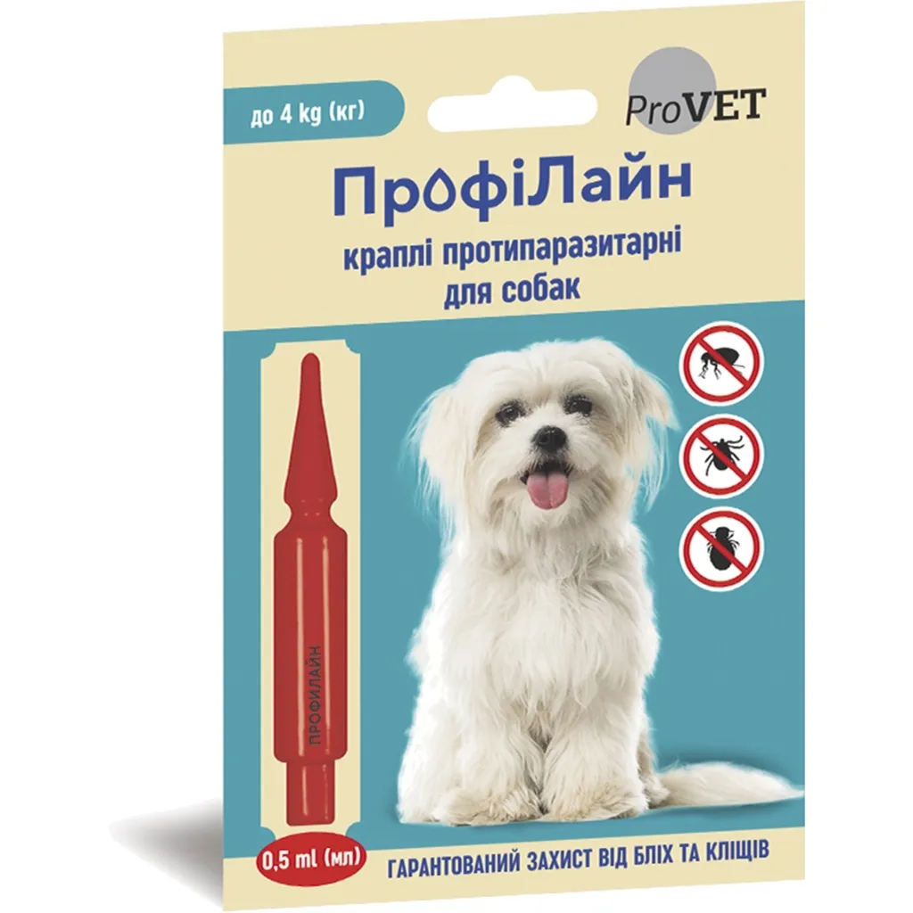Капля для животных ProVET ПрофиЛайн от блох и клещей собак весом до 4 кг 0.5 мл (4823082412662)