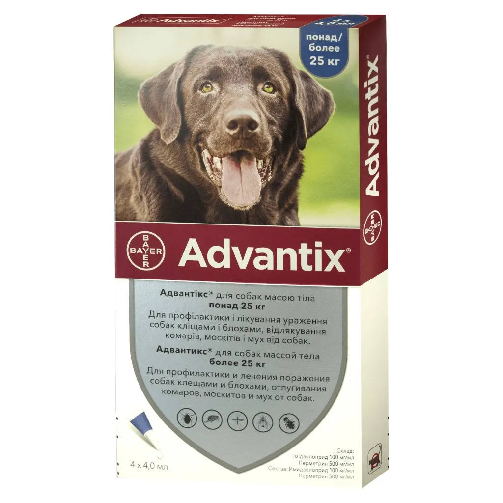 Капля для животных Bayer Адвантикс от заражений экто паразитами собак свыше 25 кг 4/4.0 мл (4007221047254)
