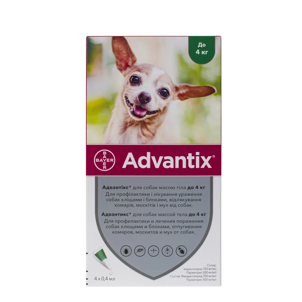 Крапля для тварин Bayer Адвантікс від заражень екто паразитами собак до 4 кг 4/0.4 мл (4007221047223)
