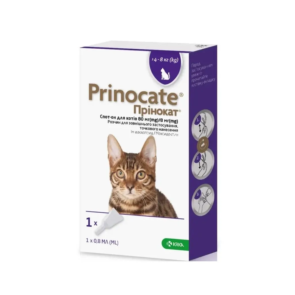 Крапля для тварин KRKA Prinocate проти бліх і паразитів котів 4-8 кг 0.8 мл №3 (3838989720728)