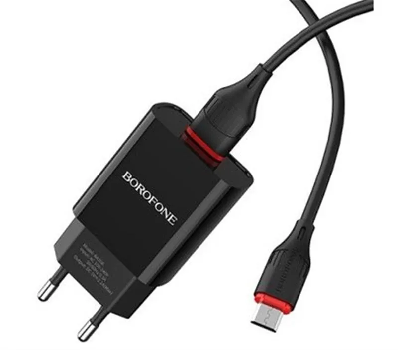 Зарядний пристрій Borofone BA20A Sharp Single USB 2.1A Black (BA20AMB) + cable MicroUSB
