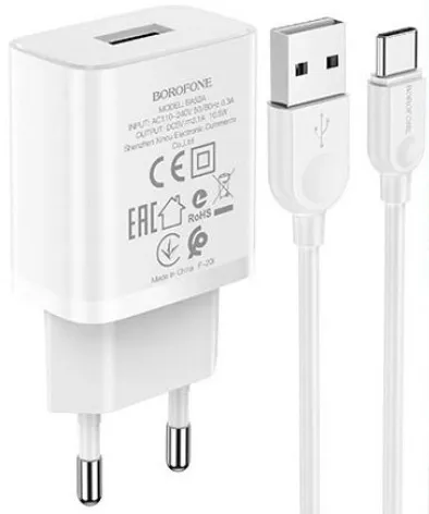 Зарядное устройство Borofone BA52A Gamble (1USB 2.1A) White (BA52ACW) + cable Type-C
