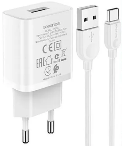 Зарядний пристрій Borofone BA52A Gamble (1USB 2.1A) White (BA52ACW) + cable Type-C