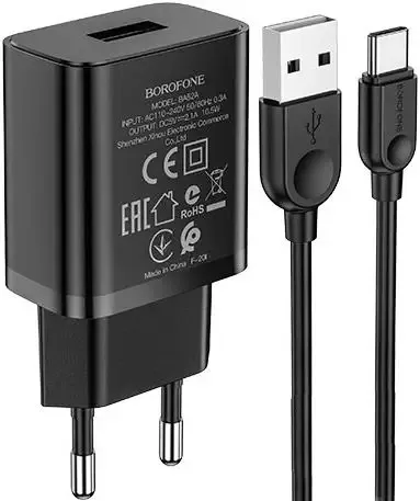 Зарядное устройство Borofone BA52A Gamble (1USB 2.1A) Black (BA52ACB) + cable Type-C