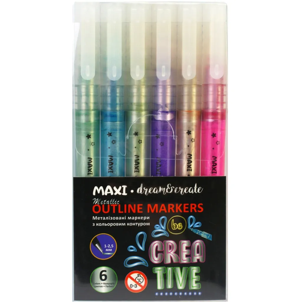 Художній маркер Maxi Металізовані з кольоровим контуром, 6 кольорів (MX15246)