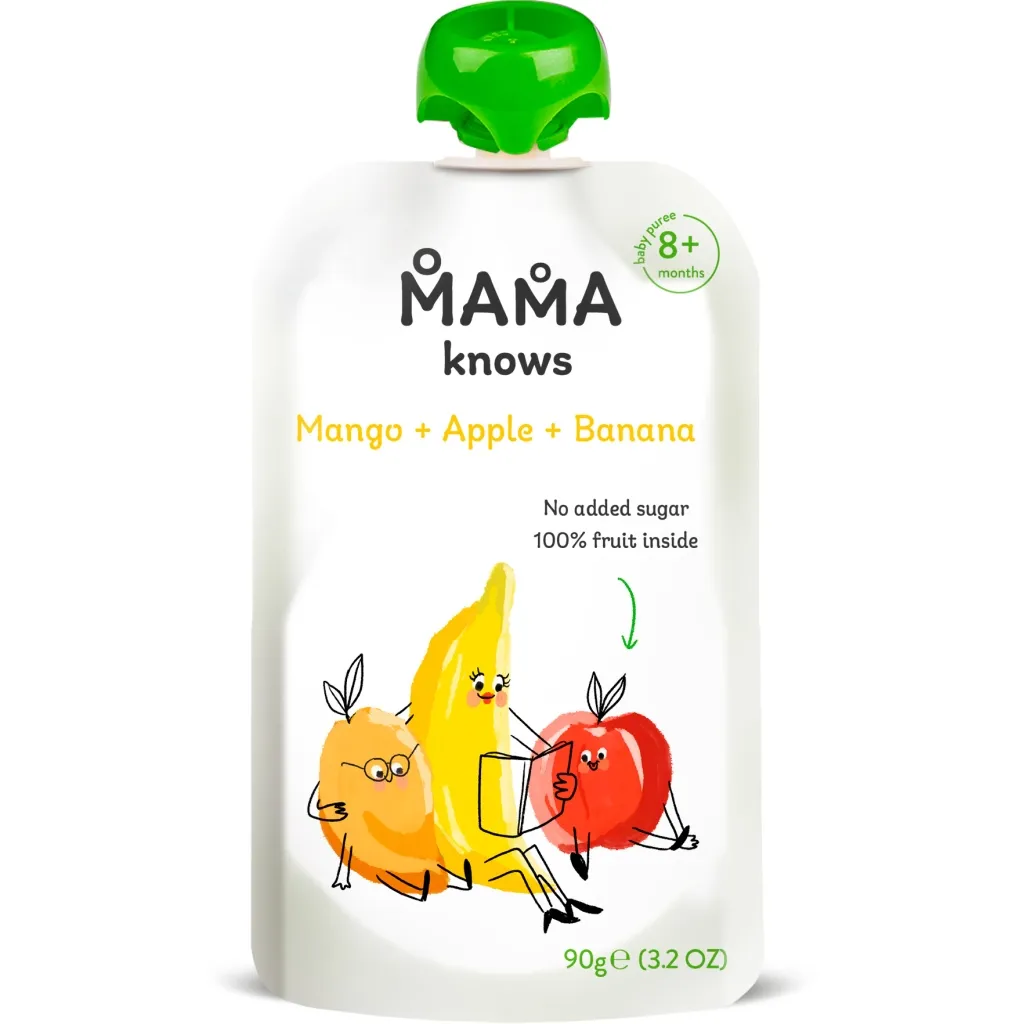  Mama knows Манго, Яблуко та Банан без цукру 90 г (4820016254534)