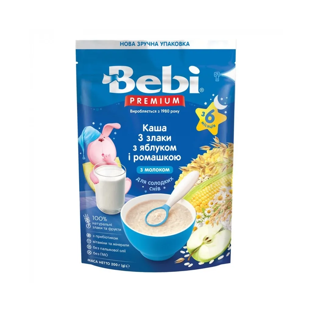  Bebi Premium молочна 3 злаки з яблуком та ромашкою +6 міс. 200 г (8606019654399)