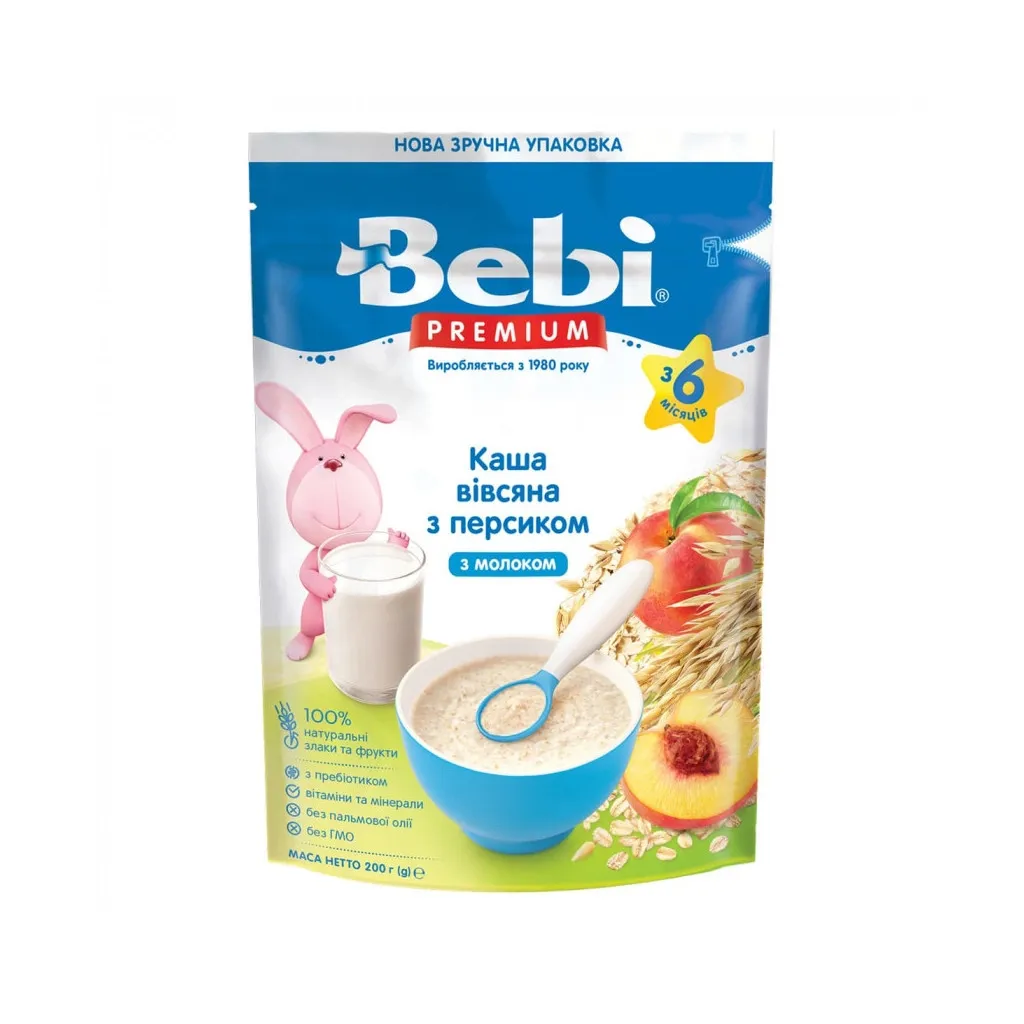  Bebi Premium молочна вівсяна з персиком +6 міс. 200 г (8606019654306)