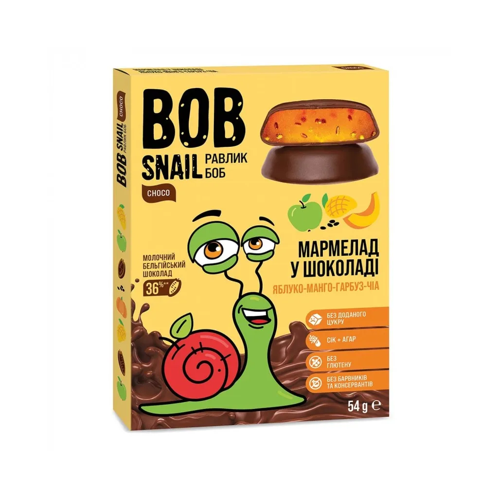 Мармелад Bob Snail Яблуко Манго Гарбуз Чіа в молочному шоколаді 54 г (4820219341116)