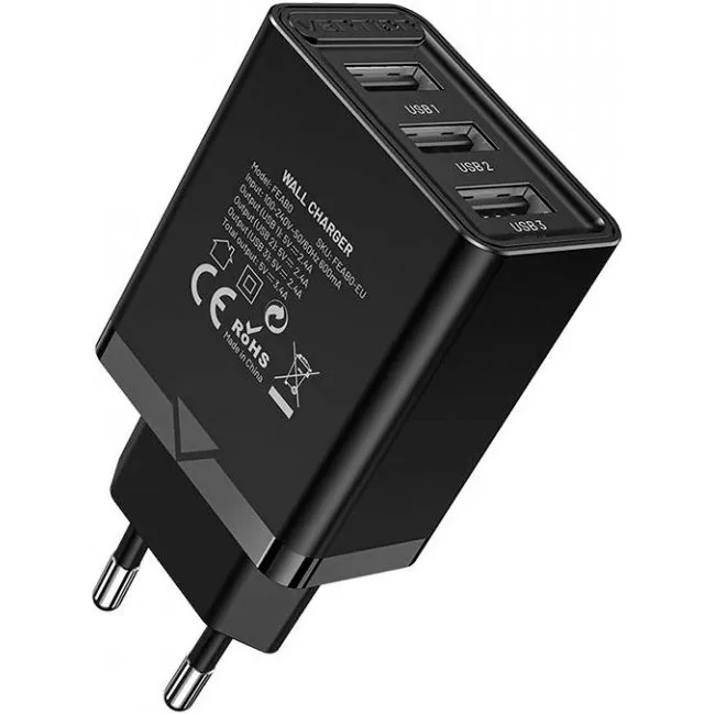 Зарядное устройство Vention 3-port USB A+A+A 12W Black (FEAB0-EU)