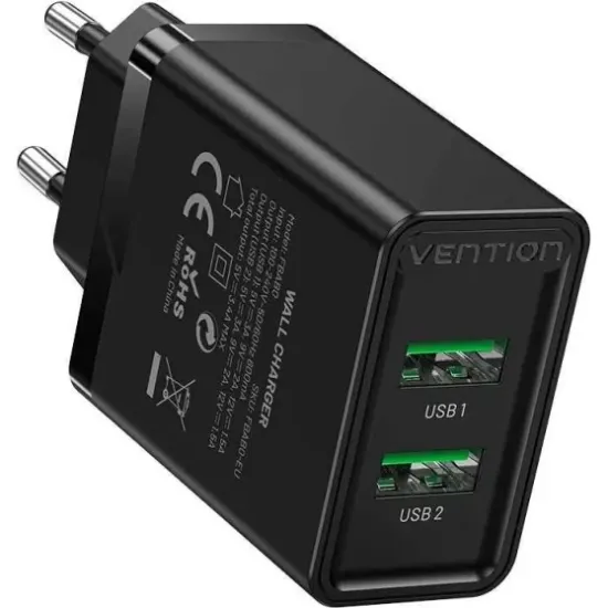 Зарядний пристрій Vention 2-port USB A+A Black (FBAB0-EU)