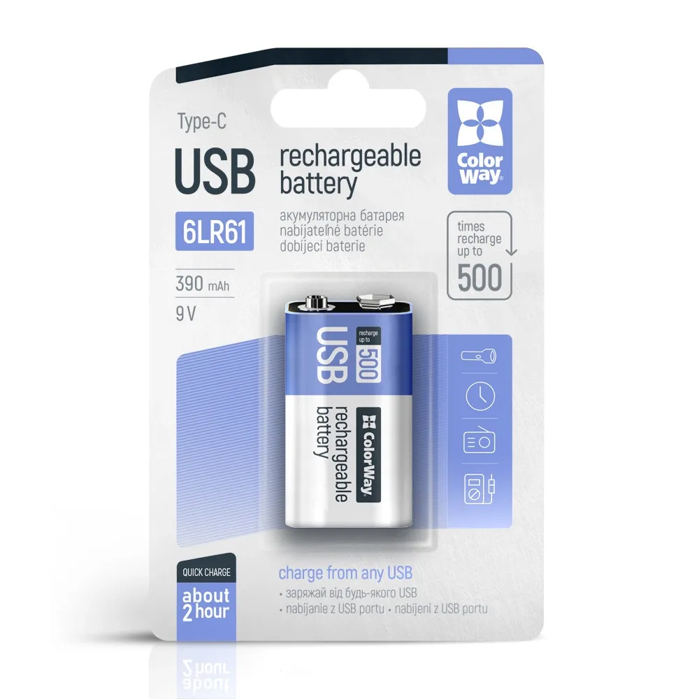 Батарейка ColorWay USB-С 390 mAh 9В Li-Polymer (CW-UB9V-06)