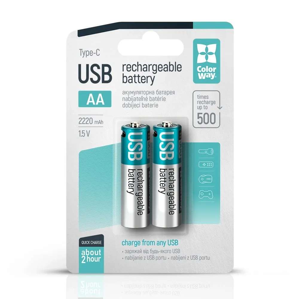 Батарейка ColorWay AA USB-С 2220 mAh 1.5В Li-Polymer 2pc (CW-UBAA-10)