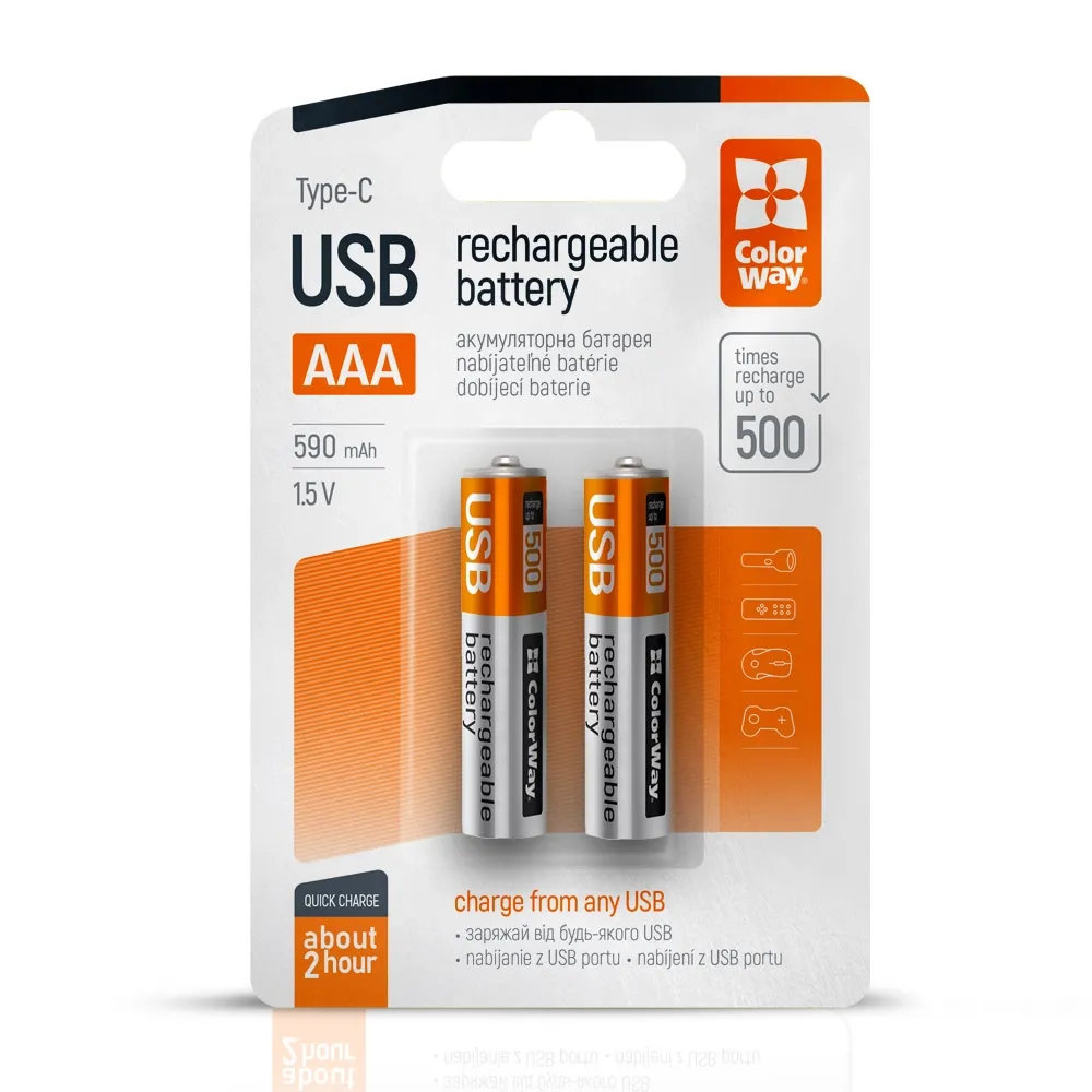 Батарейка ColorWay AAА USB-С 590 mAh 1.5В Li-Polymer 2pc (CW-UBAAA-09)