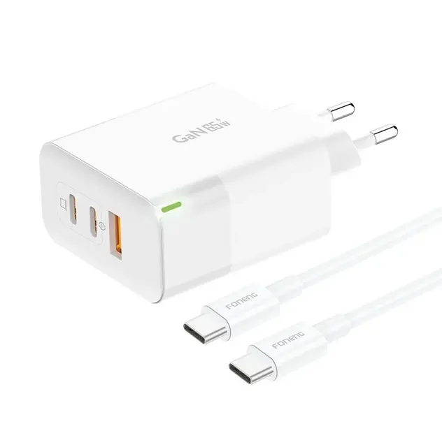 Зарядний пристрій Foneng USB-A 2xUSB-C GaN 65W White (GAN65) 