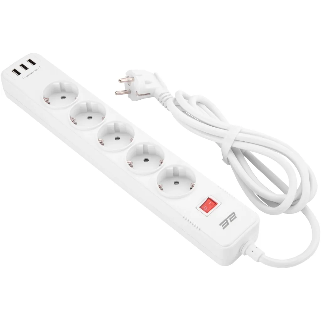  2E 5XSchuko, 3G*1.5мм, 3*USB-A, 2м, white (2E-SP515M2USBWH)