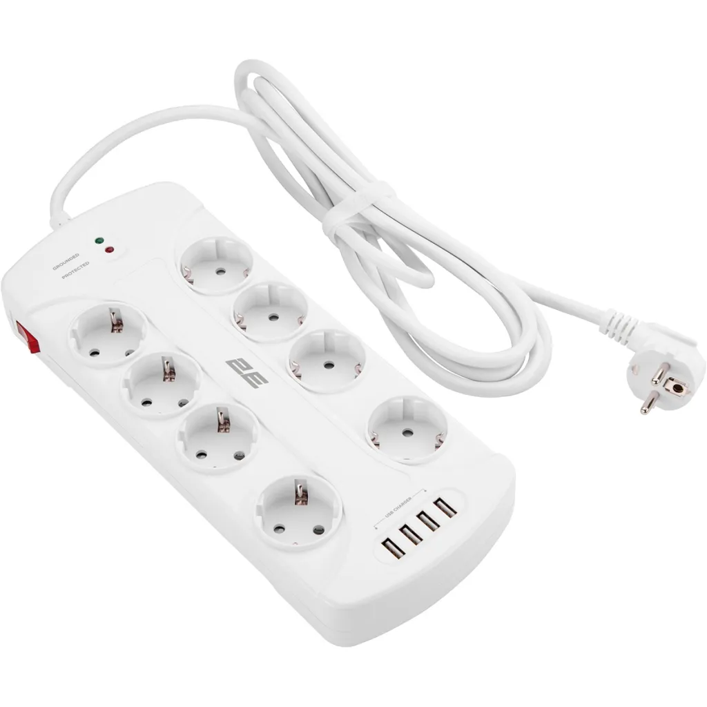  2E 8XSchuko, 3G*1.5мм, 4*USB-A, 3м, white (2E-SP815M3USBWH)