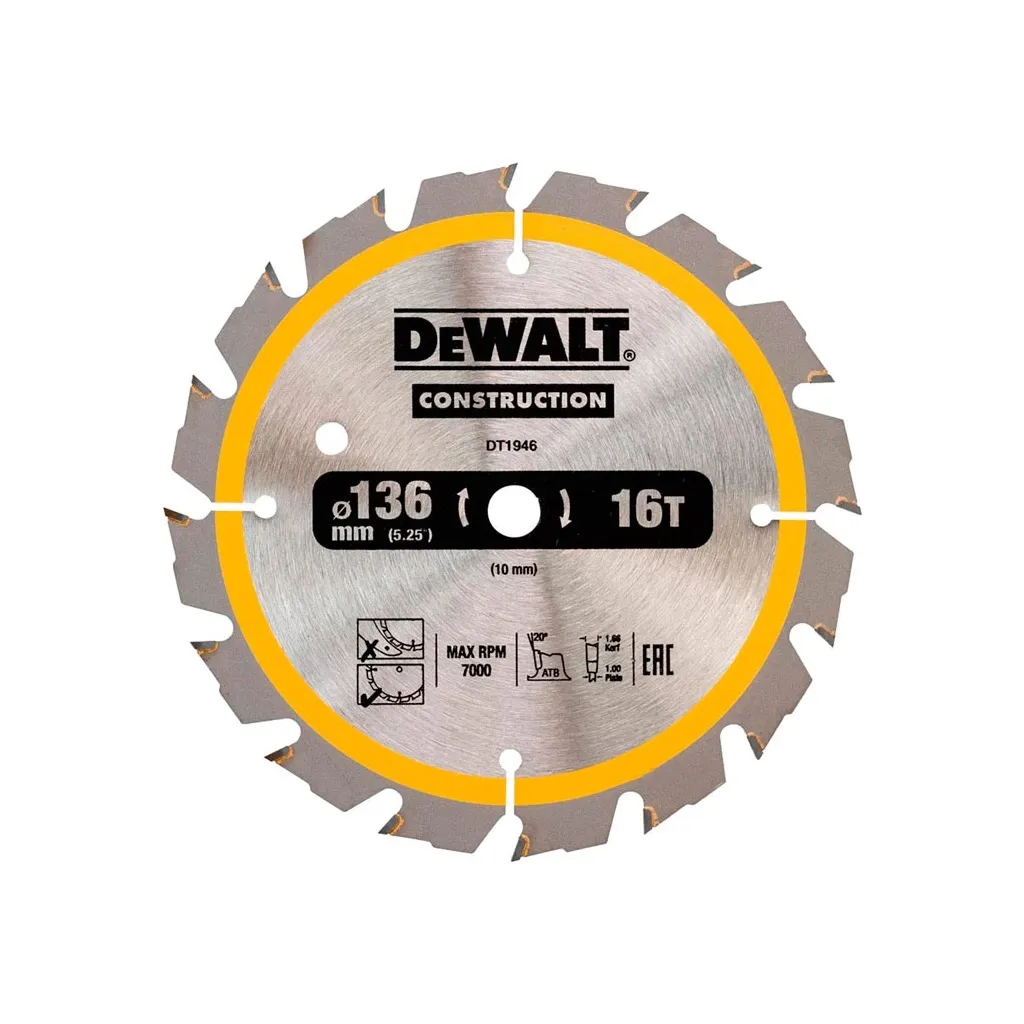  DeWALT СONSTRUCTION , 136 х 10, 16 z, АТВ, 20 градусов (DT1946)