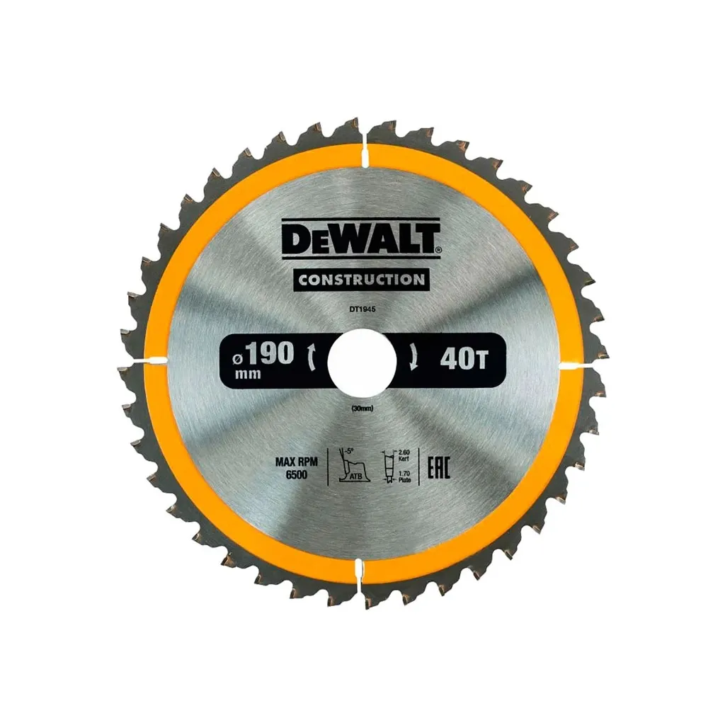  DeWALT СONSTRUCTION , 190 х 30 мм, 40 z, АТВ, 10 градусів (DT1945)