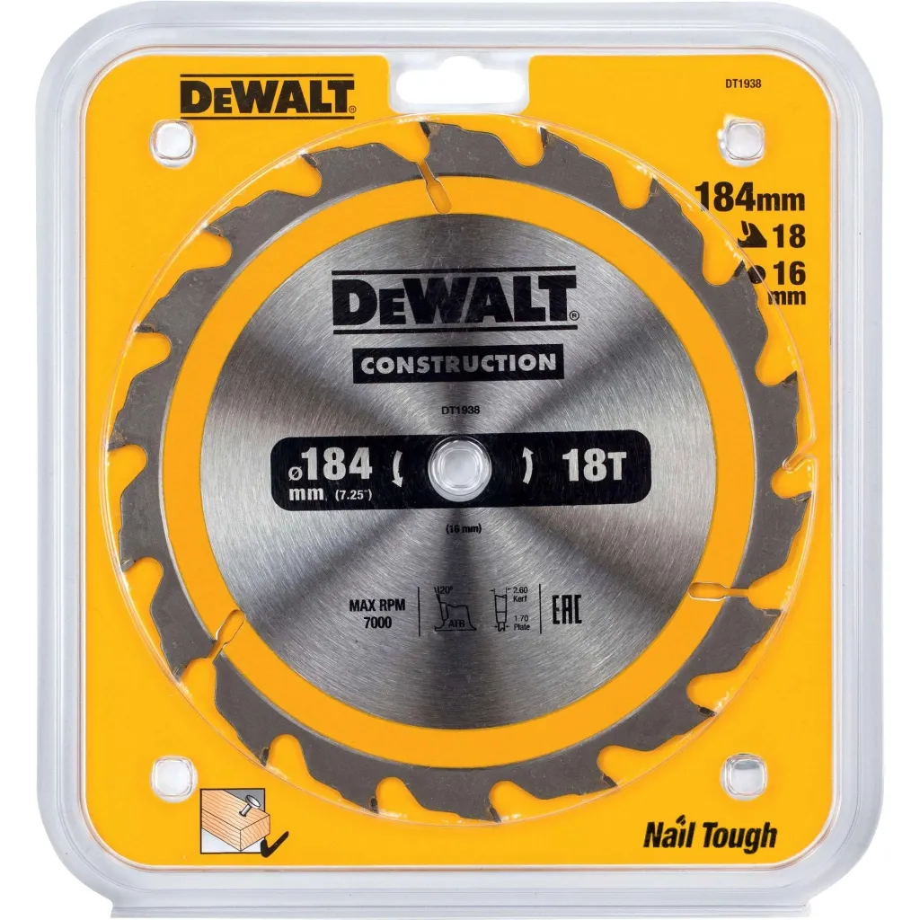  DeWALT СONSTRUCTION, 184 х 16 мм, 18 z, АТВ, 20 градусов (DT1938)