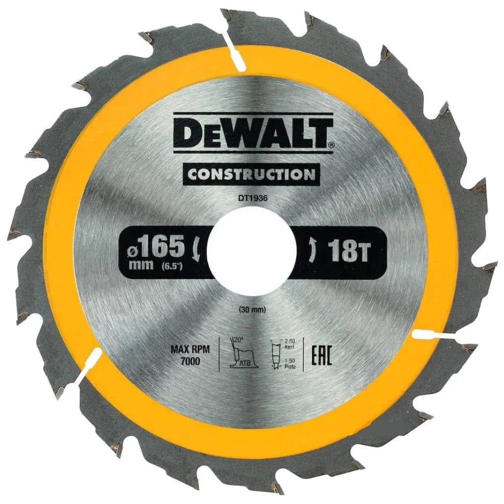  DeWALT CONSTRUCTION, 165х30мм, 18 z, ATB, 20 градусов, 7000 об/мин. (DT1936)