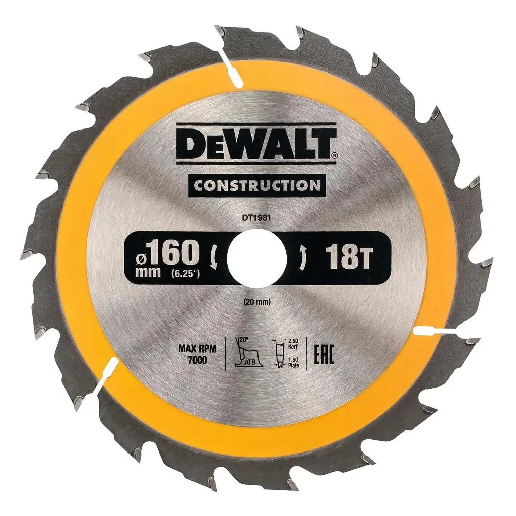  DeWALT СONSTRUCTION, 160 х 20 мм, 18 z, АВТ, 20 градусов (DT1931)