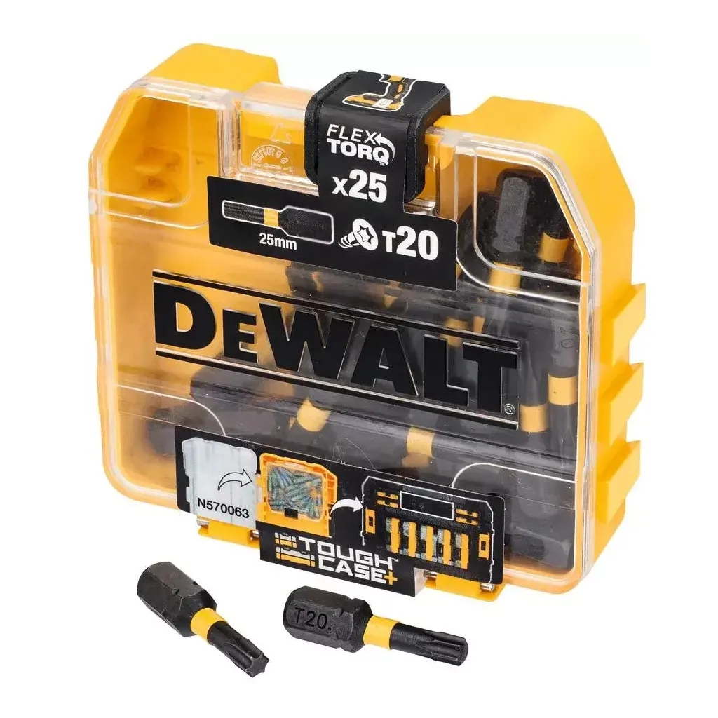 Набір біт для шуруповерта DeWALT EXTREME FLEXTORQ, Torx, T20, L = 25 мм, 25 шт, кейс TOUGH CASE (DT70557T)