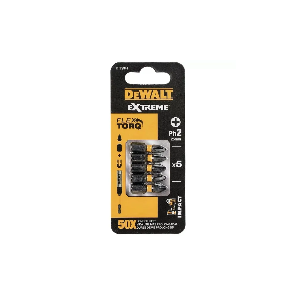 Набор бит для шуруповерта DeWALT IMPACT TORSION, ударные, Philips, Ph2, L=25 мм, 5 шт (DT7994T)