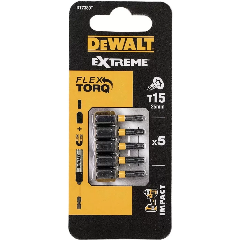 Набір біт для шуруповерта DeWALT IMPACT TORSION, ударні, Torx, T15, L=25 мм, 5 шт (DT7380T)