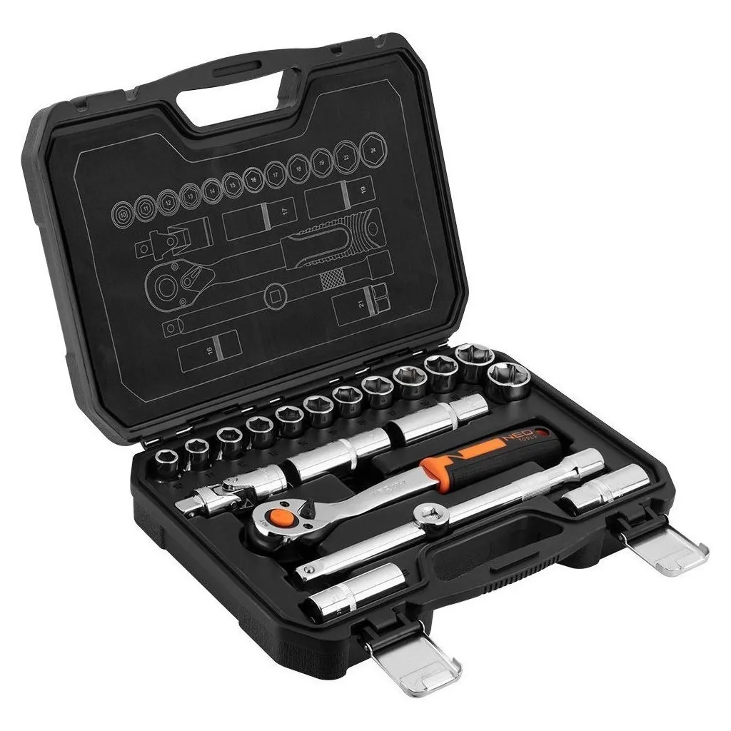 Набор головок Neo Tools 20шт, 1/2", трещотка 90 зубцов, CrV, кейс (10-032N)