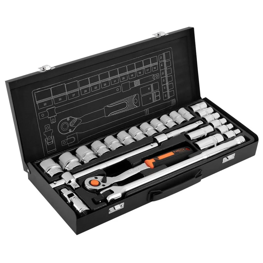 Набор головок Neo Tools 25шт, 1/2", CrV, металлический кейс (10-036)