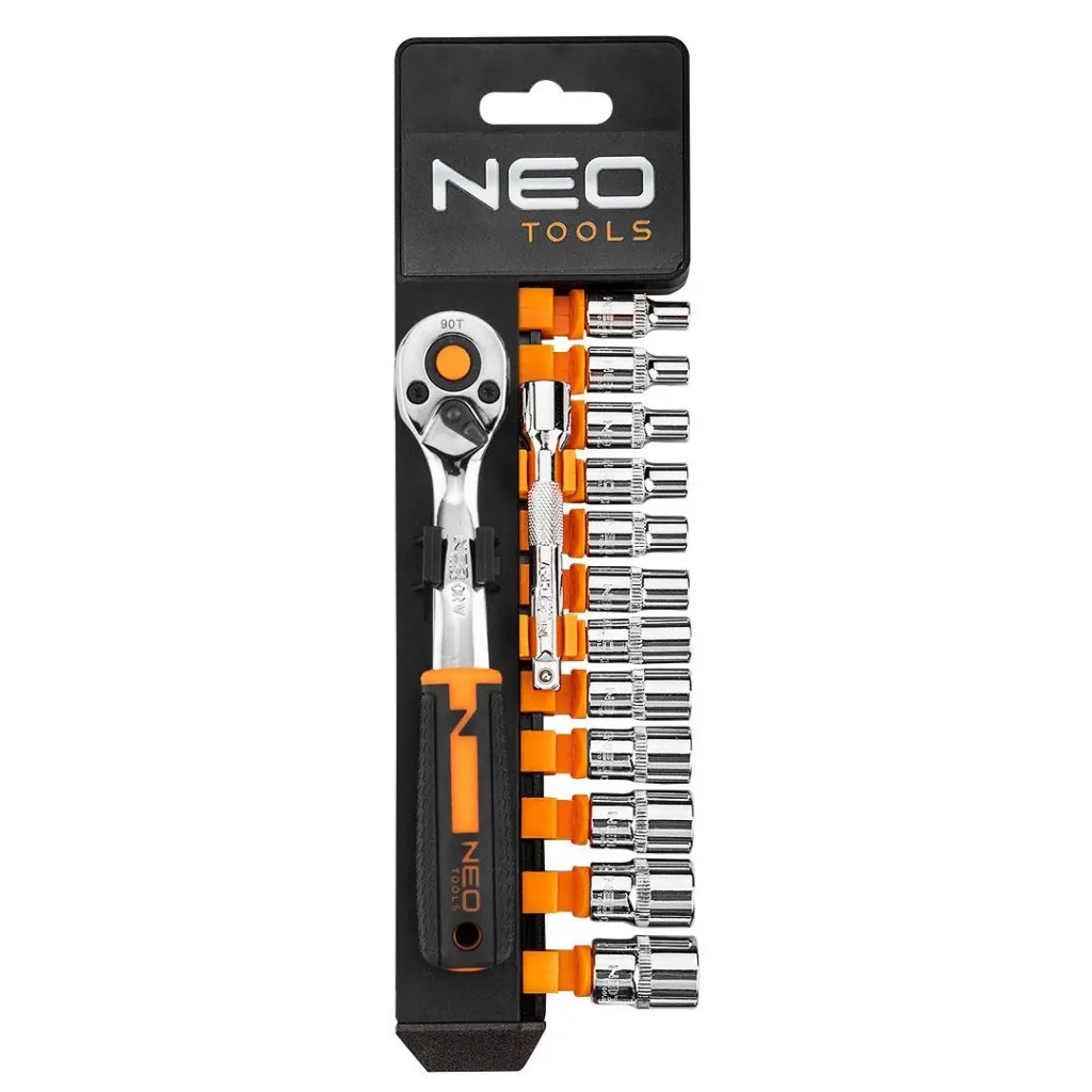 Набор головок Neo Tools 14шт, 1/4", трещотка 90 зубцов, CrV (10-000)