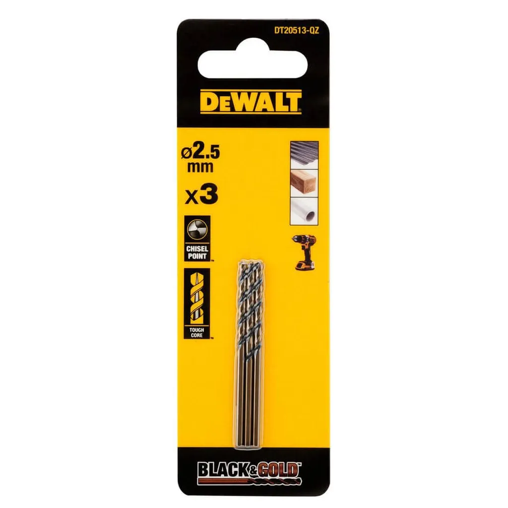 Сверло DeWALT по металлу Black&Gold, HSS-G, 2.5 х 57 х 30 мм, 3 шт. (DT20513)