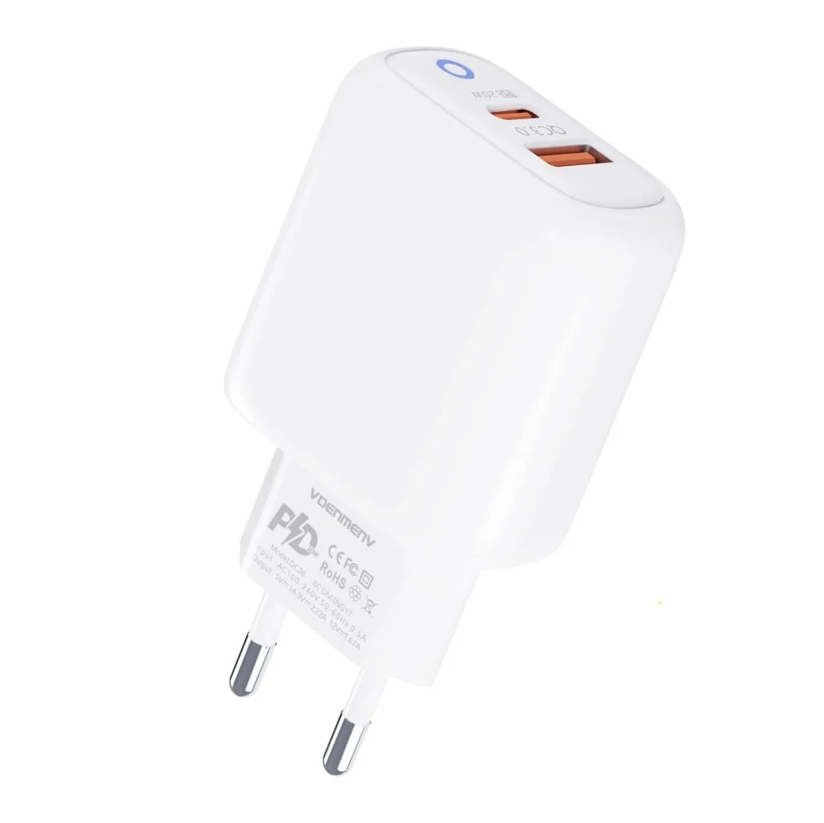 Зарядний пристрій Denmen DC26 (2USB) PD20W+QC3.0 White (DC26-WH)