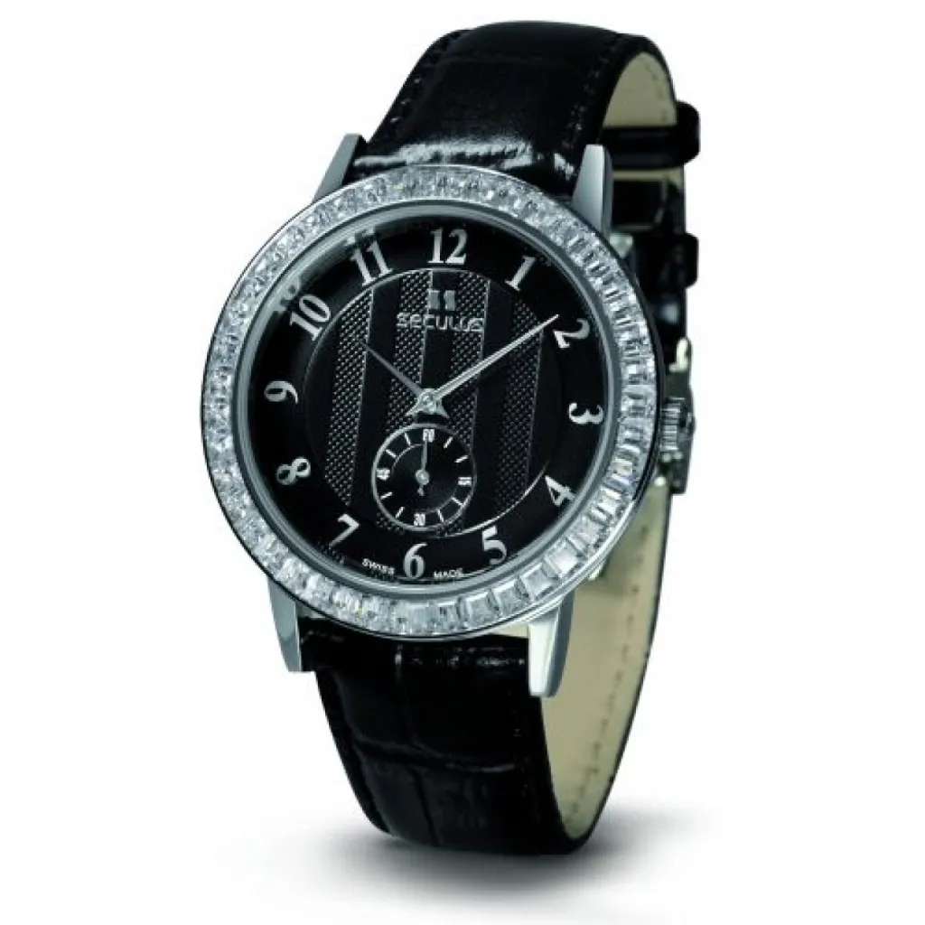  Seculus 1675.2.1069 black, ss cz stones, black leather