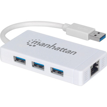 USB Хаб Manhattan Pocket Hub 3-port USB3.0 + RJ45 Gigabit Ethernet White